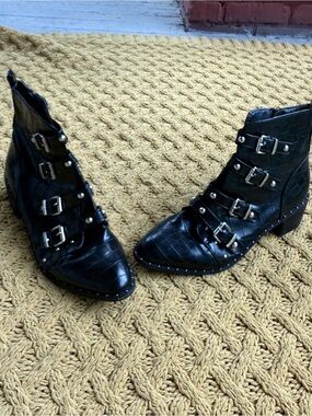 Catherine Malendrino Grunge Punk Biker Studded Buckle Boots Black Silver Size 9